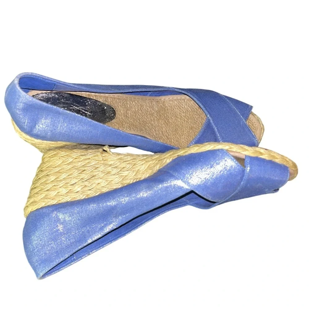Lauren Ralph Lauren Cecilia Blue‎ Linen Espadrille Wedges Peep Toe Sandals 10B